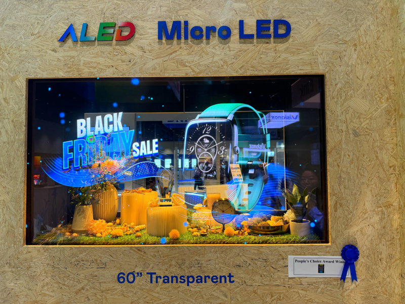 米兰·(milan)60吋高透明度Micro LED显示器获”最佳Micro LED技术应用奖”，将Micro LED面板透明化之设计特性极致发挥，以可扩展性无缝拼接技术打造，具备600 nits全画面亮度、大于60%穿透率及超过NTSC 110%的优异广色域表现，可依需求灵活应用于各种场域